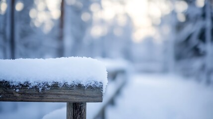 Poster - Serene winter scene with fresh snow covering a wooden railing in a tranquil forest landscape : Generative AI