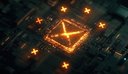 Poster - Exploring Futuristic Circuitry: Glowing X Marks Innovation in Digital Technology, Illuminating Advanced Computing Systems.