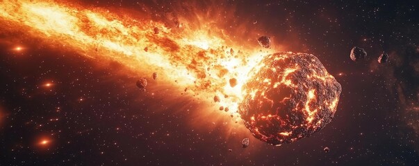 Poster - Asteroid impact idea. A dramatic view of a comet streaking through space with fiery trails and cosmic dust.