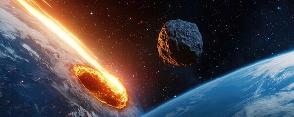 Poster - Asteroid impact idea. Asteroid approaching Earth with fiery impact creating dramatic cosmic scene.