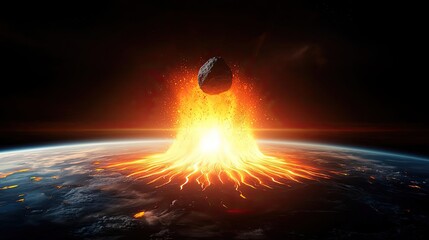 Poster - Asteroid impact idea. A dramatic illustration of an asteroid impact on Earth, showcasing fiery eruption.