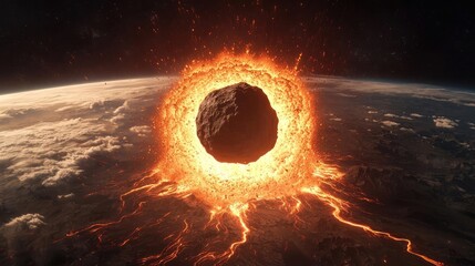 Poster - Asteroid impact idea. An asteroid colliding with Earth, igniting fiery eruptions in the atmosphere.