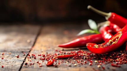 Aufkleber - Fresh red chili peppers on wooden surface with spices scattered depicting vibrant cooking ingredients : Generative AI