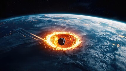 Poster - Asteroid impact idea. Dramatic asteroid impact on Earth, showcasing fiery destruction and cosmic chaos.