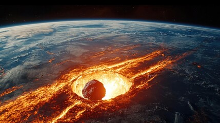 Poster - Asteroid impact idea. A dramatic depiction of an asteroid impacting Earth with fiery consequences.