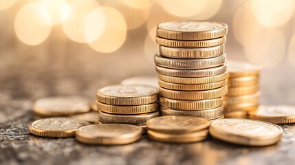 Aufkleber - Stack of shiny coins arranged meticulously on blurred background with glimmering lights : Generative AI
