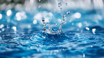 Poster - Stunning close up of water droplets creating ripples in a tranquil blue pool : Generative AI