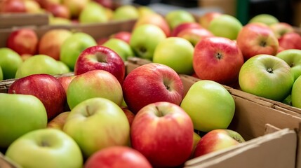 Poster - Vibrant display of fresh red and green apples in a rustic market setting : Generative AI