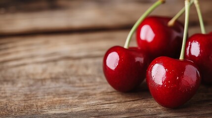 Poster - Fresh and Juicy Red Cherries Glimmering with Water Drops on a Wooden Surface : Generative AI