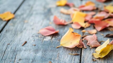 Leinwandbilder - Colorful autumn leaves scattered on rustic wooden planks creating a warm vibe : Generative AI