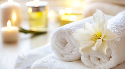 Fototapete - Spa Setting with Soft Towels Flower and Candles Creating a Relaxing Atmosphere : Generative AI