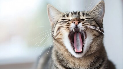 Poster - Playful Tabby Cat Yawning Happily in Bright Natural Light with Cheerful Expression : Generative AI