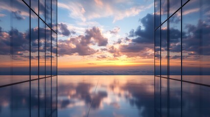 Leinwandbilder - Breathtaking view from a modern building showcasing a vibrant sunset with colorful clouds reflecting on glass walls : Generative AI
