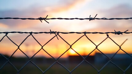 Fototapete - Barbed wire fencing stretches against a vivid sunset sky capturing a moment of confinement : Generative AI