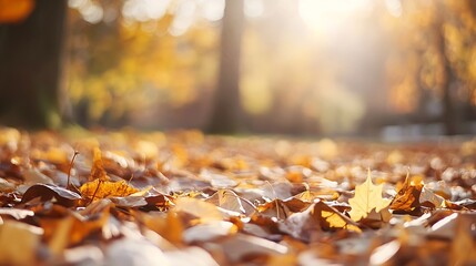 Fototapete - Beautiful autumn leaves covering the ground in a peaceful outdoor setting during sunset : Generative AI