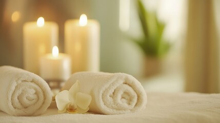 Fototapete - Relaxing Spa Scene with Candles Fresh Towels and Beautiful Orchid Flower in Soft Light : Generative AI