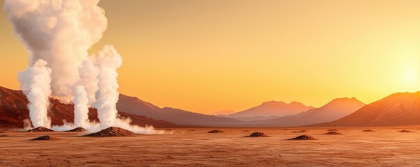 Aufkleber - Volcanic landscapes concept. A breathtaking view of geothermal steam rising against a sunset backdrop.