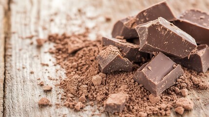 Poster - Rich dark chocolate pieces and cocoa powder scattered on a wooden surface : Generative AI
