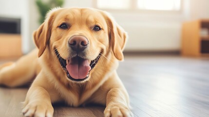 Poster - Happy golden retriever dog lounging comfortably at home with a warm expression on its face : Generative AI