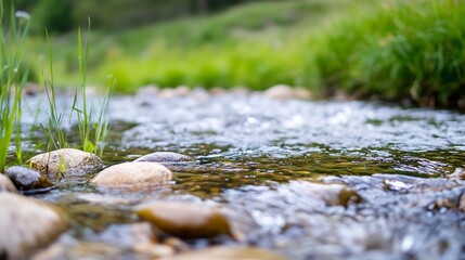 Poster - Glistening stream flowing over smooth stones surrounded by vibrant green grass in a natural landscape : Generative AI