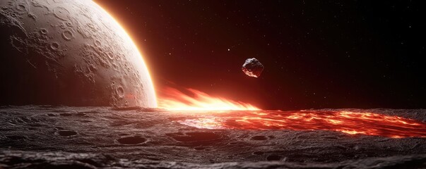 Poster - Asteroid impact idea. A stunning view of a volcanic landscape on an alien moon illuminated by distant stars.