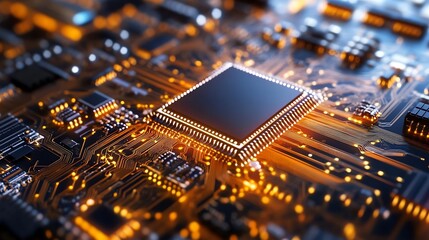 Fototapete - Close up of a complex microchip on a circuit board glowing with intricate electronic details and connections : Generative AI