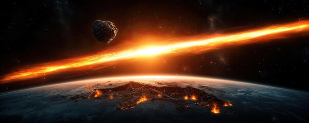 Poster - Asteroid impact concept. A dramatic cosmic event showcasing a fiery impact on Earth from space.