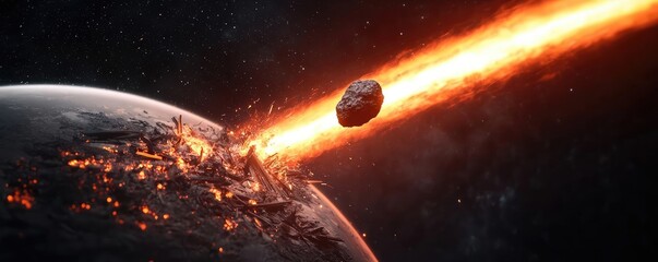 Poster - Asteroid impact concept. A dramatic scene of an asteroid striking a planet with explosive force.