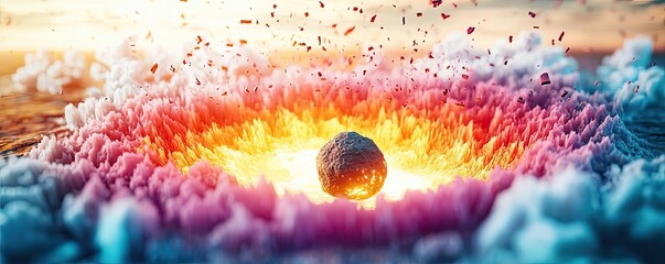 Poster - Asteroid impact idea. A dramatic eruption of energy from a cosmic event, showcasing vibrant colors and textures.