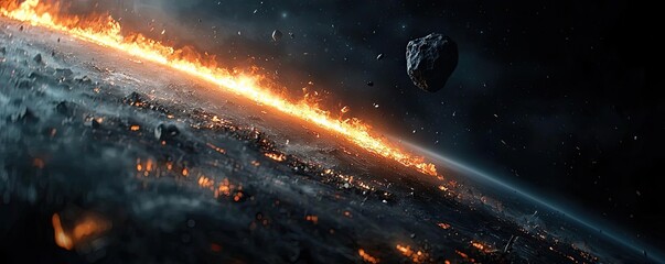 Poster - Asteroid impact concept. A stunning view of a burning planet surrounded by cosmic debris and asteroids.