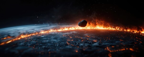 Poster - Asteroid impact concept. A stunning view of a fiery planet with an asteroid approaching its surface.