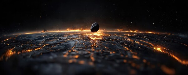 Poster - Asteroid impact concept. A striking view of a celestial body over a glowing, active surface of a planet.