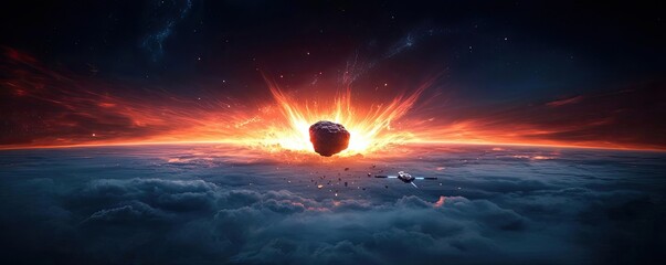Poster - Asteroid impact idea. Dramatic asteroid entering Earth's atmosphere, creating stunning light effects.