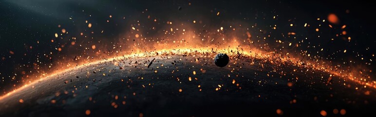 Poster - Asteroid impact idea. Stunning cosmic scene depicting a planet surrounded by glowing particles and light.