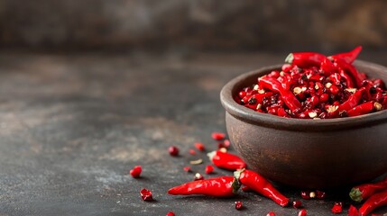 Aufkleber - Vibrant spices in a rustic bowl featuring dried red chilies and pink peppercorns on a dark textured background : Generative AI