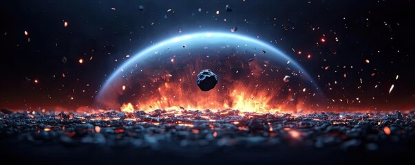 Poster - Asteroid impact idea. A surreal cosmic scene depicting a planet amidst fiery chaos and stellar elements.