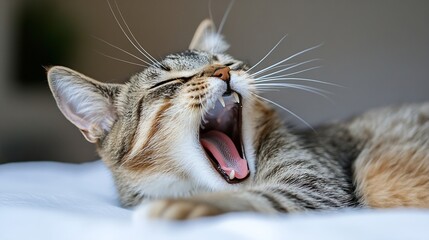 Poster - Playful Tabby Cat Yawning Comfortably at Home in Soft Natural Light : Generative AI