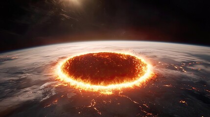 Poster - Asteroid impact idea. A stunning view of a fiery ring surrounding Earth, illustrating cosmic dynamics.