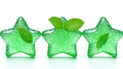 Sticker - Three green star-shaped candies garnished with fresh mint leaves sit in a row on a glossy white surface.