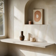 Wall Mural - A minimalist study nook with light marble walls, featuring a simple beige shelf. The shelf holds a few tasteful vases and a candle, with pink-toned artwork hanging above. 