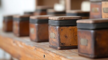 Leinwandbilder - Vintage wooden containers arranged neatly on a rustic table showcasing aged craftsmanship and timeless design : Generative AI