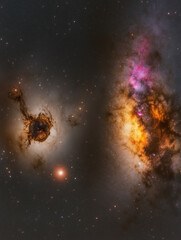 Wall Mural - A celestial canvas showcasing a vibrant nebula alongside a dark complex stellar formation amidst a field of twinkling stars.