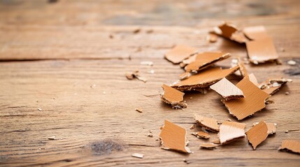 Poster - Piles of brown paint chips scattered on a weathered wooden table emphasizing rustic charm and artistic inspiration : Generative AI