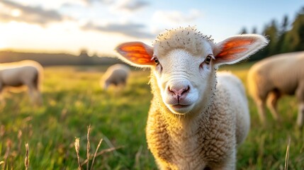 Poster - Cute young lamb with fluffy wool enjoying the warmth of a sunny meadow : Generative AI