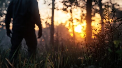 Poster - Silhouette of a person standing in a misty forest at sunset with glowing sunlight : Generative AI
