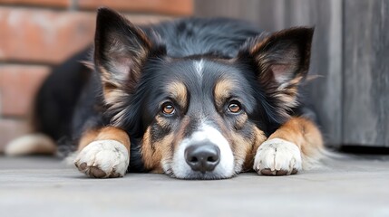Poster - Close up of a calm and relaxed dog resting on the ground with expressive eyes capturing a moment of tranquility : Generative AI
