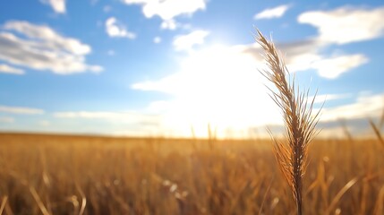 Poster - Golden wheat swaying in the breeze under a beautiful blue sky at sunset : Generative AI