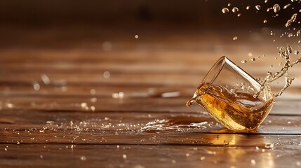 Poster - Glass tumbler spilling liquid with splash effect on a wooden surface : Generative AI