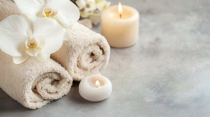 Aufkleber - Serene Spa Setting Featuring Rolled Towels and Candles for a Relaxing Ambiance : Generative AI