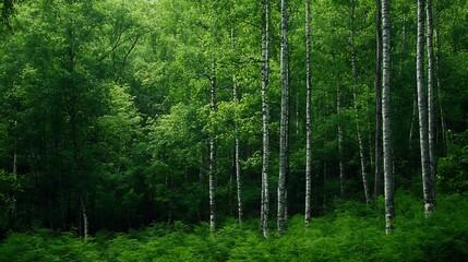 Poster - Lush green forest with tall birch trees creating a tranquil and serene atmosphere : Generative AI